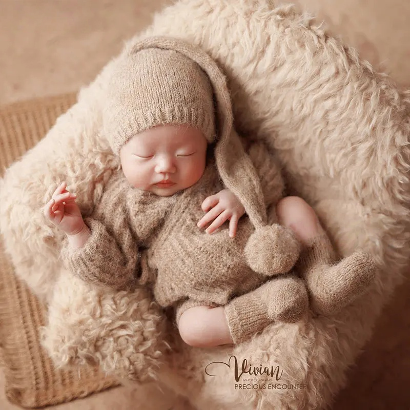 Khaki Vintage Knitted Furry Sofa Set - Newborn Photography Props - Image 3